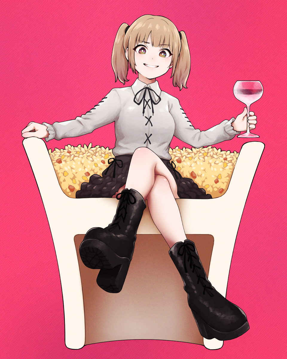 1girl alcohol beans bento black_boots black_ribbon black_skirt boots breasts bright_pupils brown_eyes brown_hair collared_shirt commentary crossed_legs cup cut-away dress_shirt drinking_glass food frilled_sleeves frills full_body highres in_food long_sleeves looking_at_viewer medium_breasts medium_hair mini_person minigirl neck_ribbon original parted_lips platform_boots platform_footwear red_background red_wine ribbon rice shirt sidelocks sitting skirt smile solo twintails white_pupils white_shirt wine wine_glass yajirushi_(chanoma)