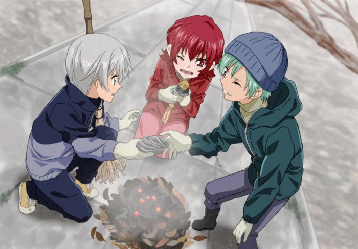 1girl 2boys beanie full_body fumiko_(mesushi) gloves green_hair hat hood hooded_jacket iria_animi jacket multiple_boys new_year one_eye_closed open_mouth red_eyes red_hair ruca_milda short_hair spada_belforma tales_of_(series) tales_of_innocence very_short_hair white_gloves white_hair winter