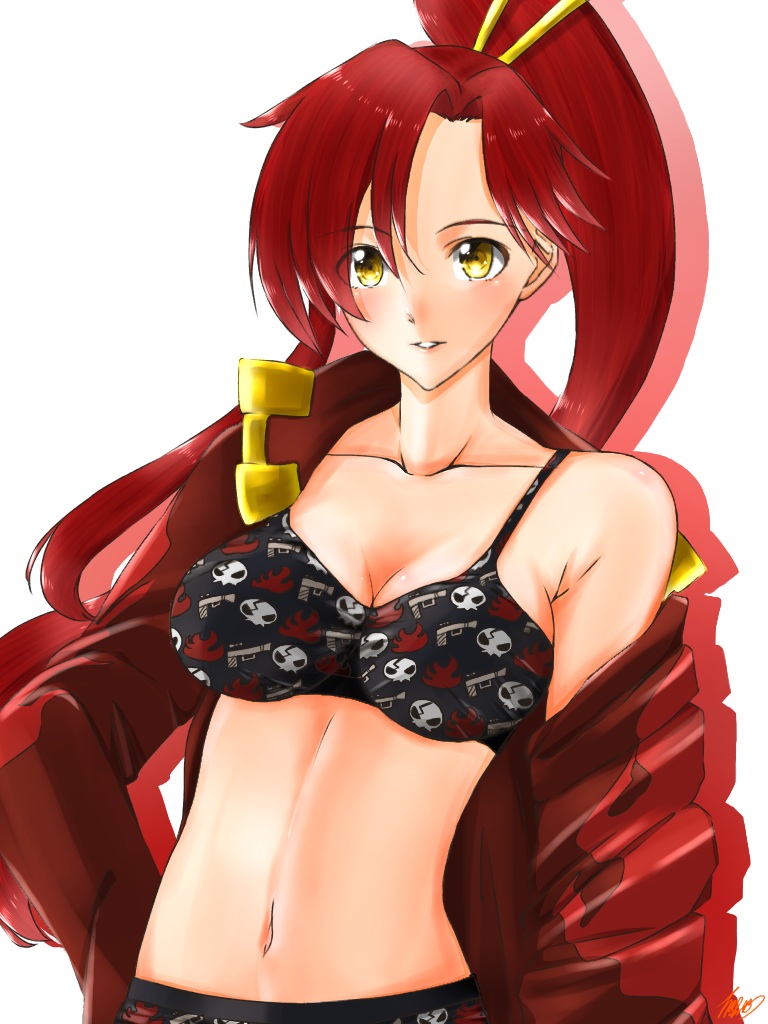 00s 1girl asymmetrical_bangs bra breasts cleavage collarbone female_focus hair_ornament hair_stick jacket large_breasts long_hair mar0maru navel off_shoulder open_clothes open_jacket panties parted_lips ponytail red_hair solo tengen_toppa_gurren_lagann underwear upper_body yellow_eyes yoko_littner