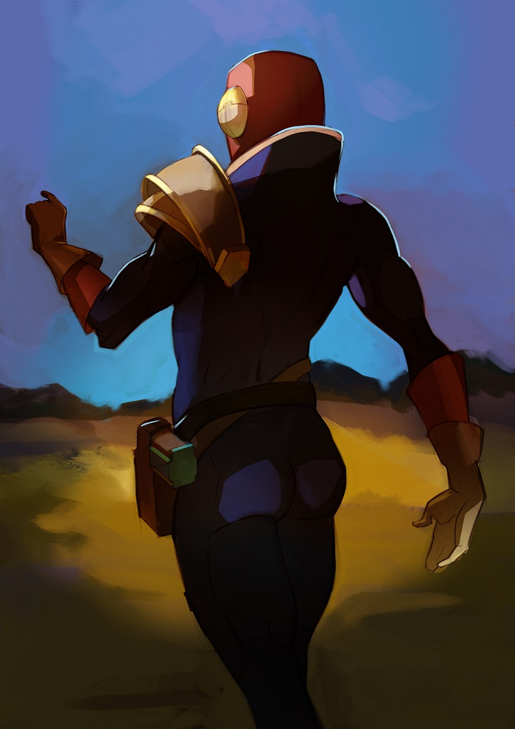 1boy captain_falcon f-zero gun helmet holster nintendo outdoors racing_suit splashbrush weapon