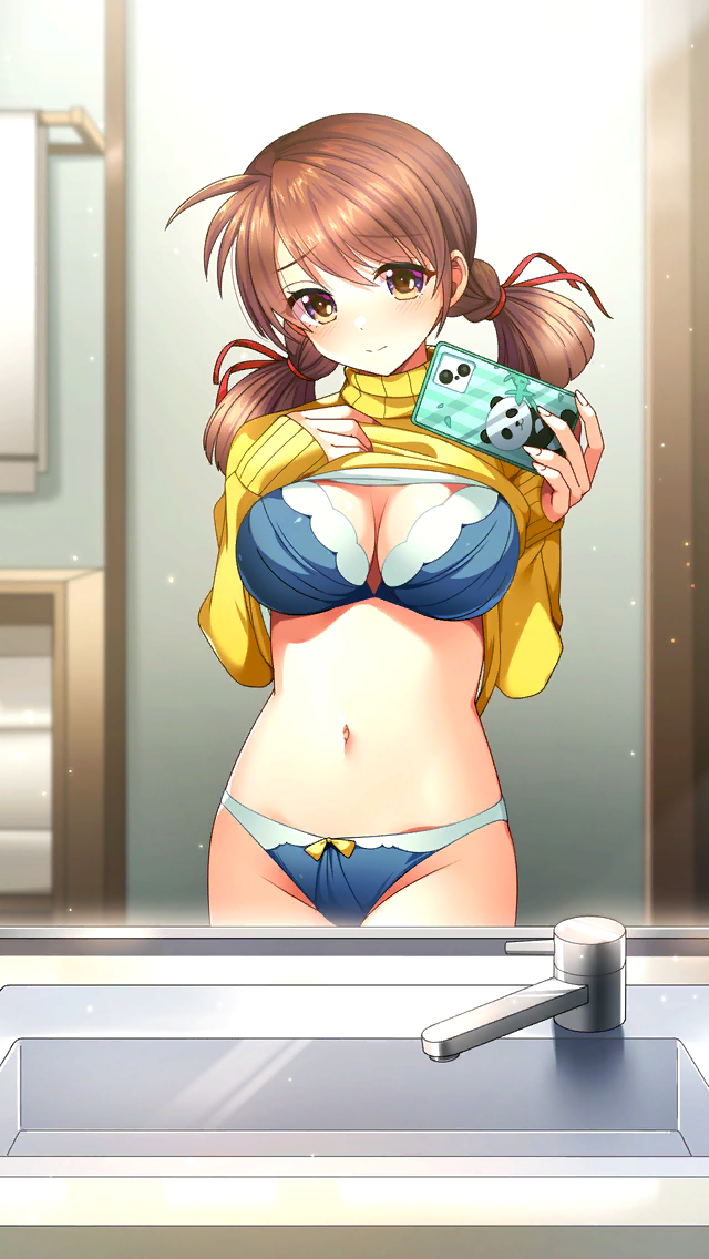 1girl blue_bra blue_panties blush bow bow_panties bra breasts brown_hair cellphone cleavage closed_mouth clothes_lift doukyuusei_(series) doukyuusei_2 doukyuusei_another_world embarrassed game_cg hair_ribbon holding holding_phone indoors large_breasts lifting_own_clothes long_hair long_sleeves looking_at_viewer low_twintails nagashima_kumiko navel official_art panties phone red_ribbon ribbon sleeves_past_wrists smartphone solo standing sweater sweater_lift turtleneck turtleneck_sweater twintails underwear yellow_bow yellow_eyes yellow_sweater