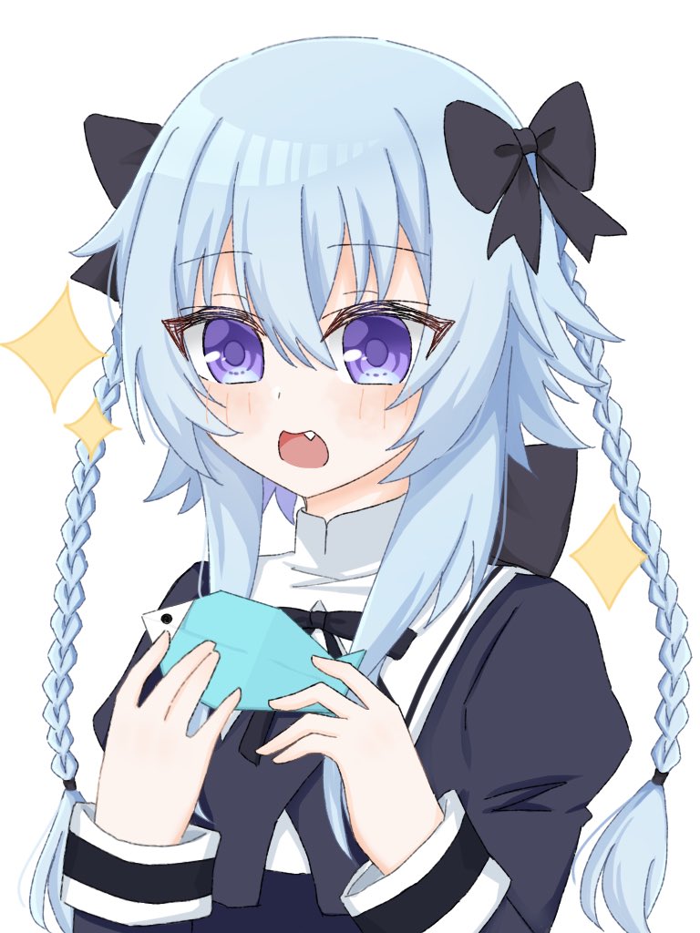 1girl assault_lily black_bow black_ribbon blue_eyes blue_hair blush bow braid commentary cropped_jacket fang hair_between_eyes hair_bow hands_up holding juliet_sleeves long_hair long_sleeves looking_at_object mori_tatsuki neck_ribbon open_mouth origami puffy_sleeves ribbon sana_(hs_yp1) school_uniform simple_background smile solo sparkle twin_braids upper_body white_background yurigaoka_girls_academy_school_uniform