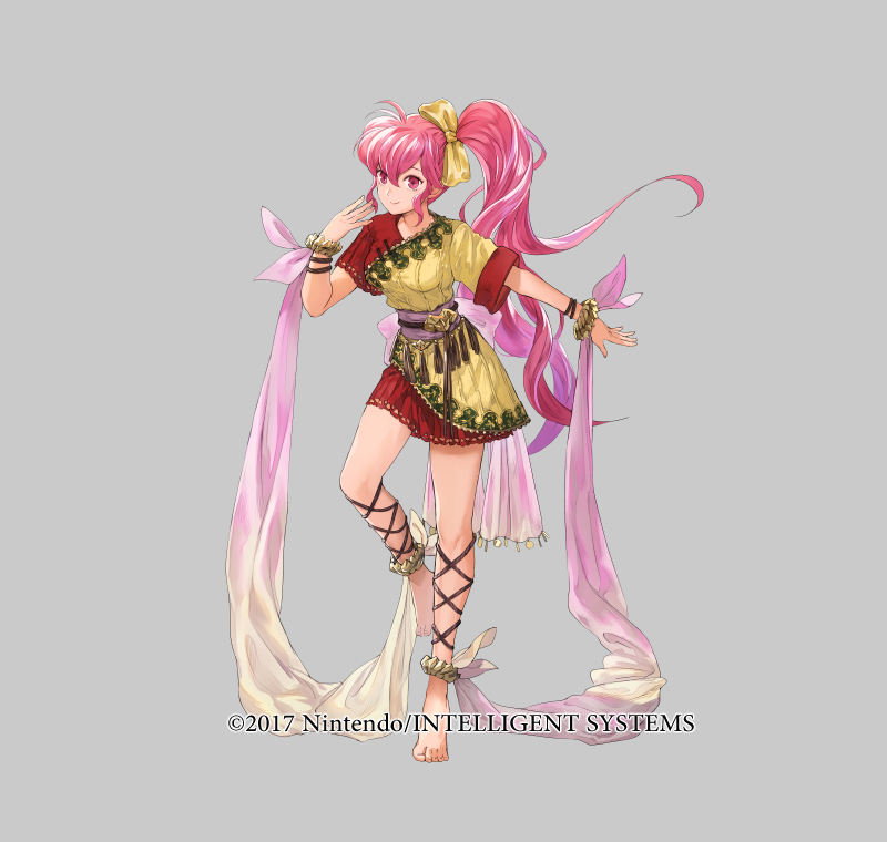 1girl barefoot belt bow bracelet copyright_notice fire_emblem fire_emblem:_mystery_of_the_emblem fire_emblem:_new_mystery_of_the_emblem fire_emblem_heroes full_body grey_background jewelry long_hair mayo_(becky2006) nintendo official_art phina_(fire_emblem) pink_eyes pink_hair ponytail solo