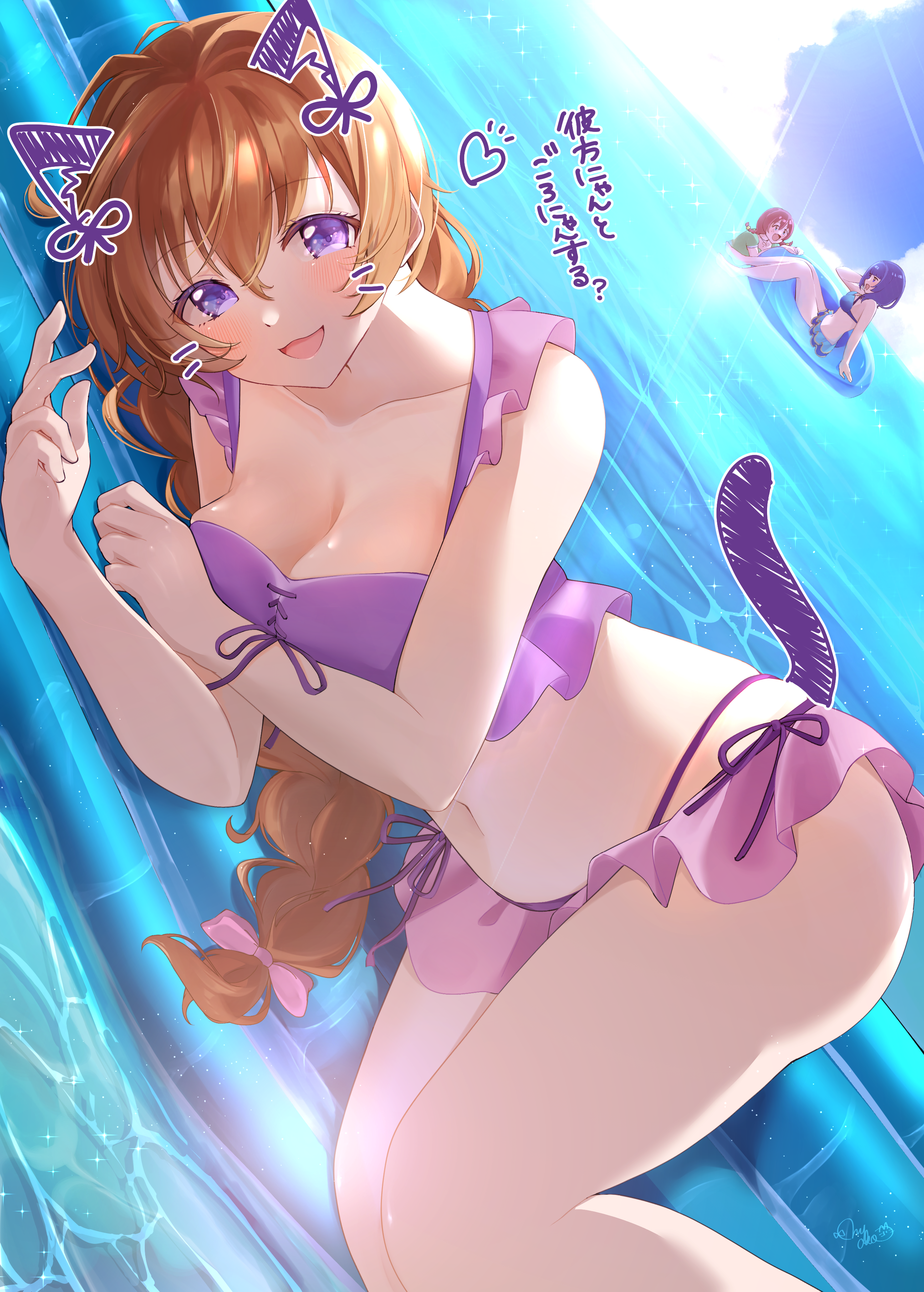 3girls :d absurdres animal_ears asaka_karin bikini blue_bikini blush breasts brown_hair cat_ears cat_tail cleavage collarbone commentary drawn_ears drawn_tail emma_verde frilled_bikini frills front-tie_bikini_top front-tie_top highres inflatable_raft innertube konoe_kanata large_breasts long_hair looking_at_viewer love_live! love_live!_nijigasaki_high_school_idol_club low-tied_long_hair lying multi-tied_hair multiple_girls navel nyako_(utaneko31) ocean on_side open_mouth presenting_stomach purple_bikini purple_eyes side-tie_bikini_bottom smile solo_focus swim_ring swimsuit tail translation_request very_long_hair