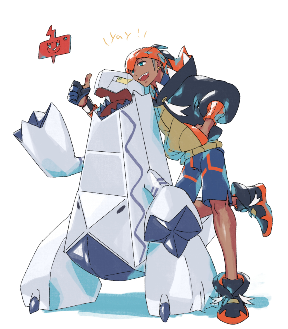 1boy black_hair black_hoodie blue_eyes commentary_request dark-skinned_male dark_skin duraludon dynamax_band earrings gen_4_pokemon gen_8_pokemon gloves gym_leader hand_in_pocket hood hood_down hoodie jewelry knees male_focus nintendo open_mouth partially_fingerless_gloves pokemon pokemon_(creature) pokemon_swsh raihan_(pokemon) rotom rotom_phone shoes shorts side_slit side_slit_shorts single_glove standing standing_on_one_leg suruga_dbh teeth thumbs_up undercut upper_teeth_only