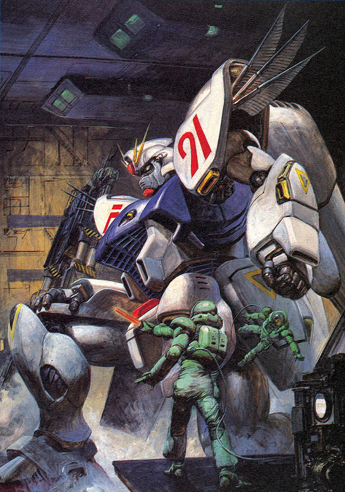 2boys astronaut cable character_name commentary_request f91_gundam fumes gloves gundam gundam_f91 hangar hose machinery mecha mobile_suit multiple_boys official_art painting_(medium) promotional_art realistic retro_artstyle robot scan science_fiction spacecraft_interior takani_yoshiyuki traditional_media tube v-fin