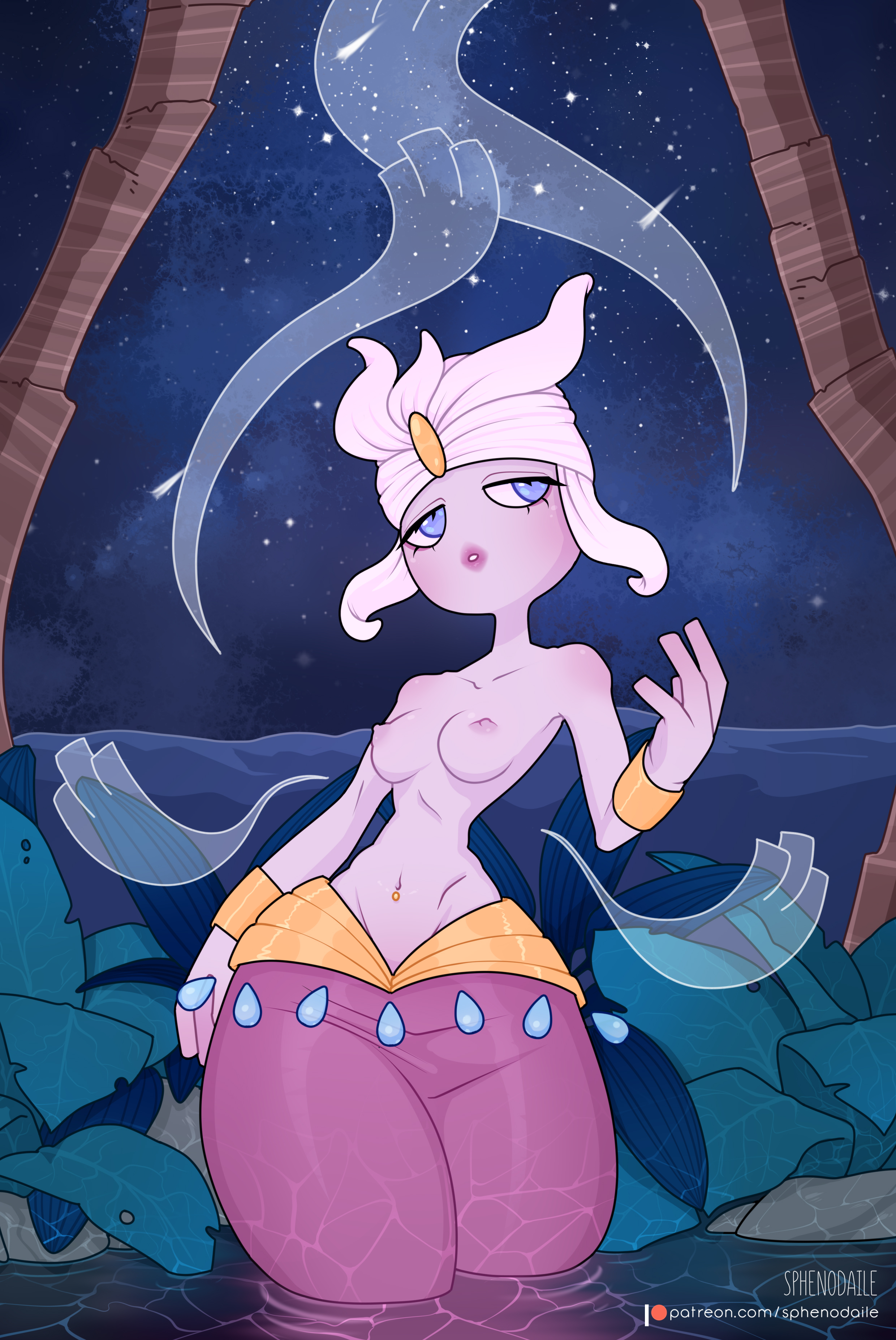1girl absurdres arm_at_side artist_name blue_eyes blue_gemstone blue_sky blush bracelet breasts bush caustics collarbone colored_skin cowboy_shot disembodied_hand female_focus gem gen_3_pokemon grey_skin half-closed_eyes hand_up headscarf highres jewelry light_blush lips looking_to_the_side medicham medium_breasts mega_medicham mega_pokemon narrow_waist navel navel_piercing nintendo nipples outdoors pants parted_lips patreon_logo patreon_username piercing pokemon pokemon_(creature) red_pants shooting_star sky solo sphenodaile standing star_(sky) starry_sky stomach teeth thick_thighs thighs topless_female tree wading water watermark web_address white_headscarf white_headwear wide_hips yellow_gemstone