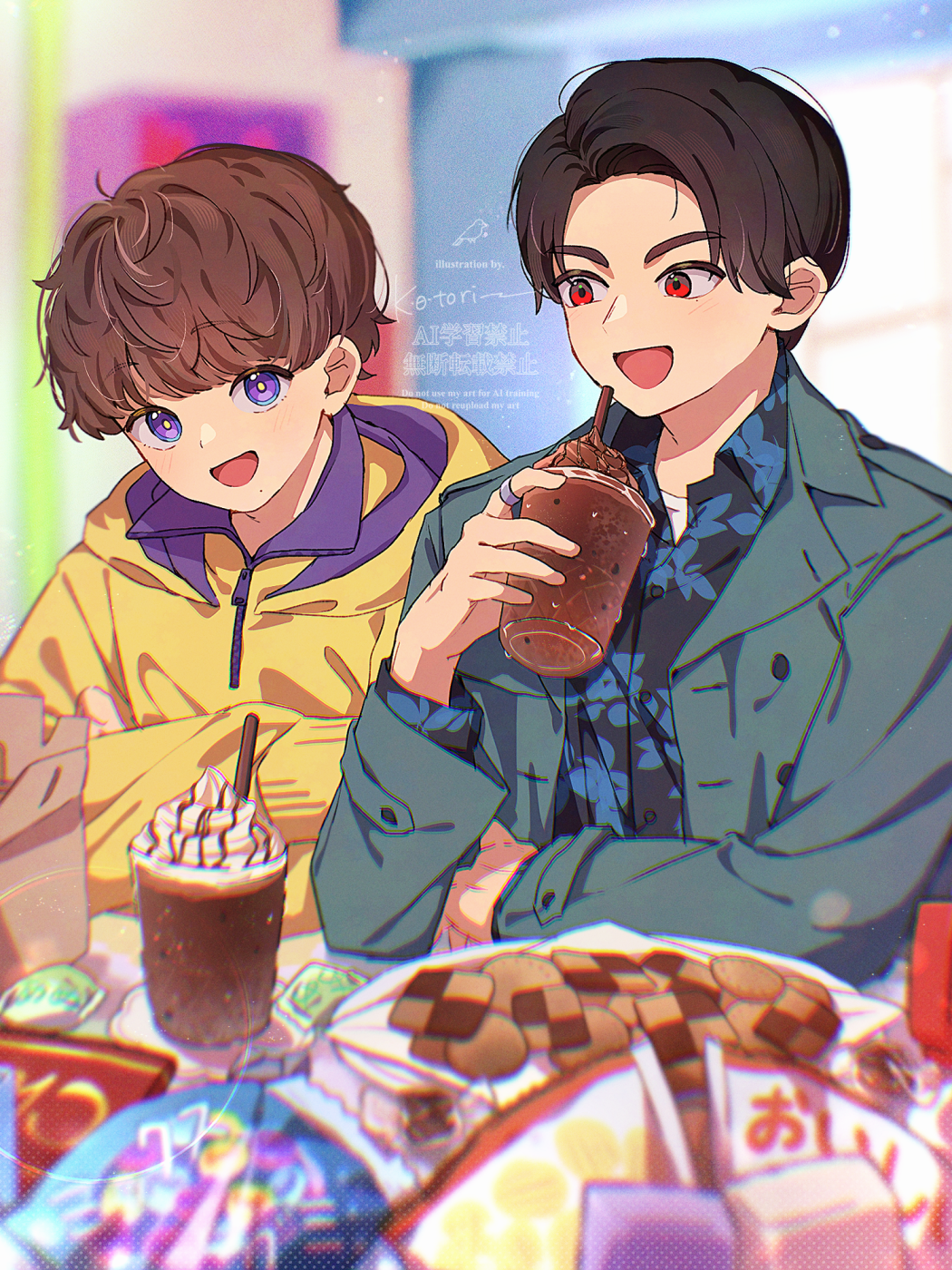 2boys :d artist_name black_hair black_shirt blunt_bangs blurry blurry_background brown_hair checkerboard_cookie collared_shirt commentary_request cookie cup drinking_straw food green_jacket highres holding holding_cup hood hood_down hoodie jacket kamen_rider kamen_rider_gavv_(series) karakida_hanto kotori_inaka long_sleeves male_focus milkshake multiple_boys open_clothes open_jacket open_mouth parted_bangs purple_eyes red_eyes shirt short_hair smile suga_kenzo upper_body very_short_hair watermark yellow_hoodie