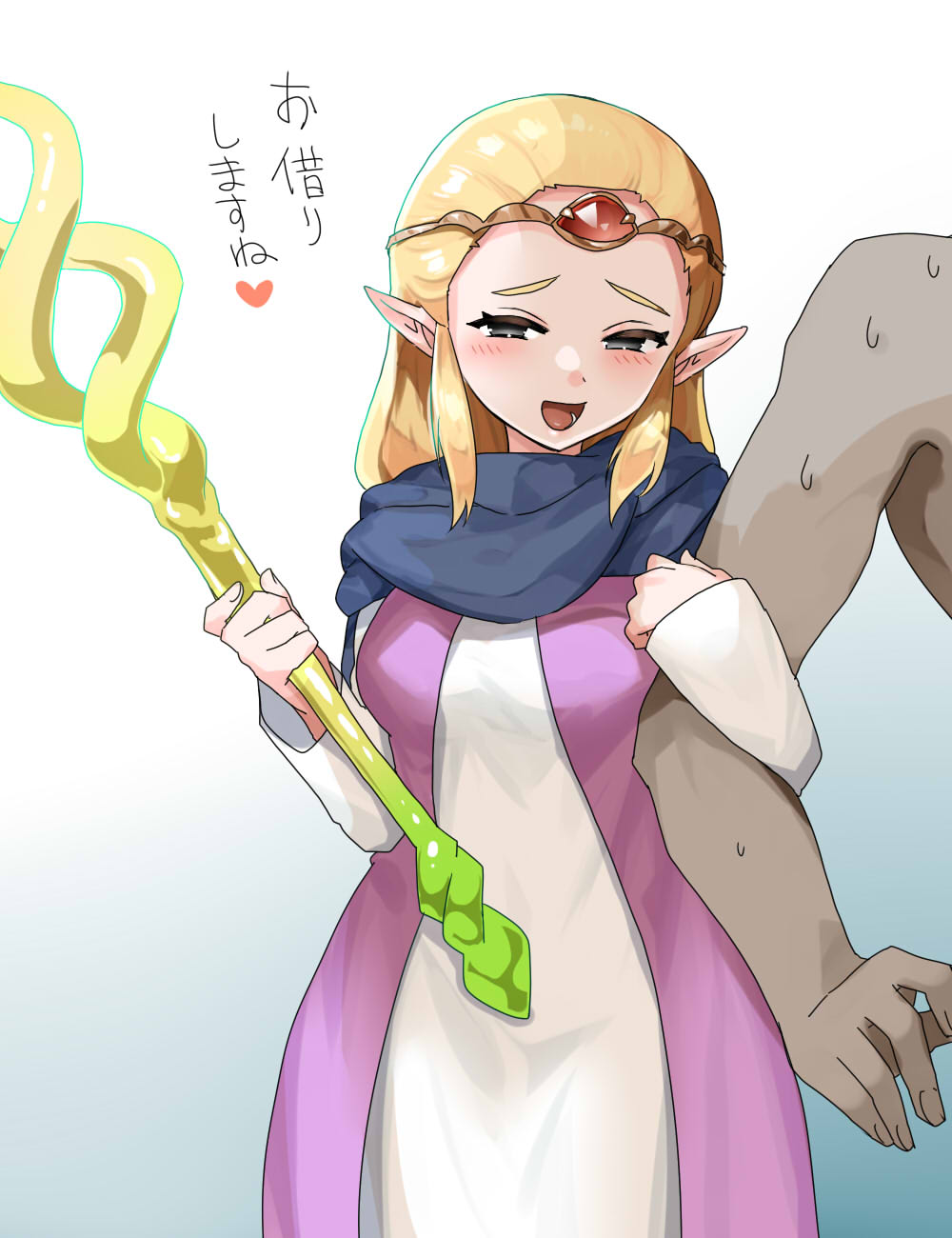 1girl 1other arm_hug black_cloak black_eyes blonde_hair blush circlet cloak commentary_request cowboy_shot dress gem gradient_background heart highres holding holding_staff long_hair long_sleeves looking_at_viewer mage_staff nintendo open_mouth out_of_frame pink_dress pointy_ears princess_zelda red_gemstone smile solo_focus staff standing sweat teeth the_legend_of_zelda the_legend_of_zelda:_echoes_of_wisdom translation_request tri_rod two-tone_dress upper_teeth_only wasabi_(legemd) white_dress
