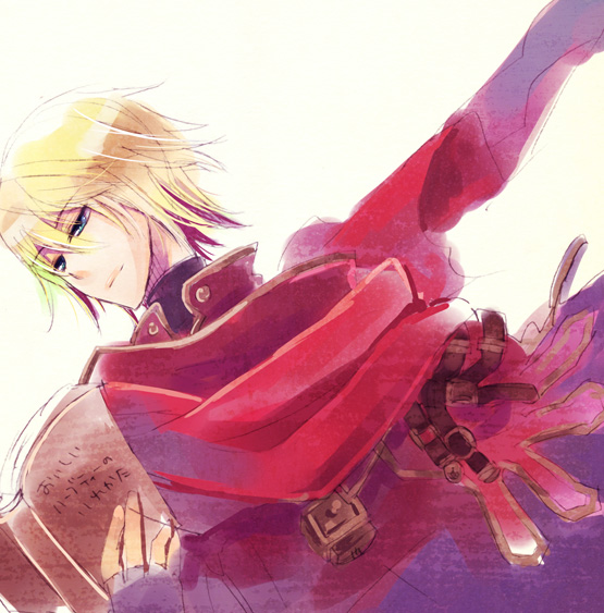 1boy atlus bad_id bad_pixiv_id blonde_hair book closed_mouth dutch_angle fingerless_gloves gloves half-closed_eyes holding holding_book iwaohime male_focus open_book purple_gloves radiant_historia reading red_scarf scarf simple_background sketch smile solo stocke uniform upper_body yellow_background