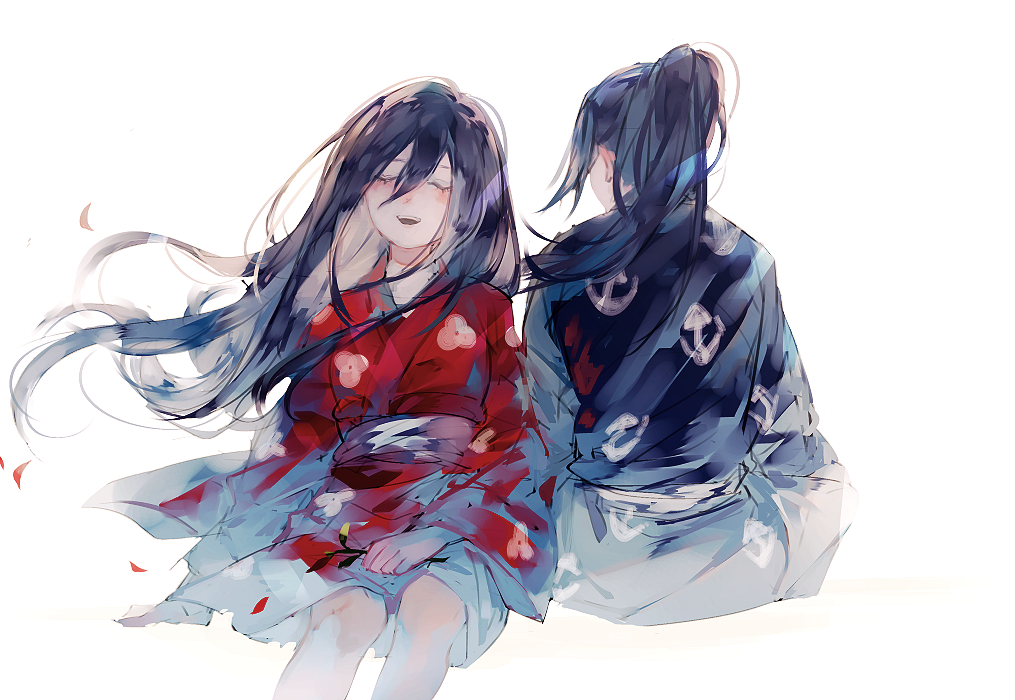 1boy 1girl black_hair black_kimono closed_eyes dororo_(tezuka) floral_print hair_between_eyes hyakkimaru_(dororo) japanese_clothes kimono long_hair mio_(dororo) music red_kimono simple_background singing sitting syokuuuuuuuuumura very_long_hair white_background