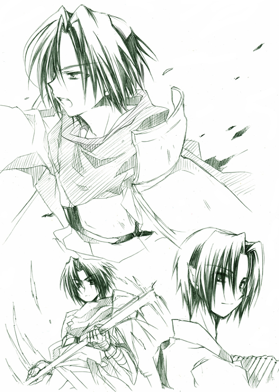 1boy armor bad_id bad_pixiv_id benawi fighting gomatta green_theme halberd male_focus monochrome parted_bangs pointy_ears polearm simple_background sketch utawarerumono weapon white_background