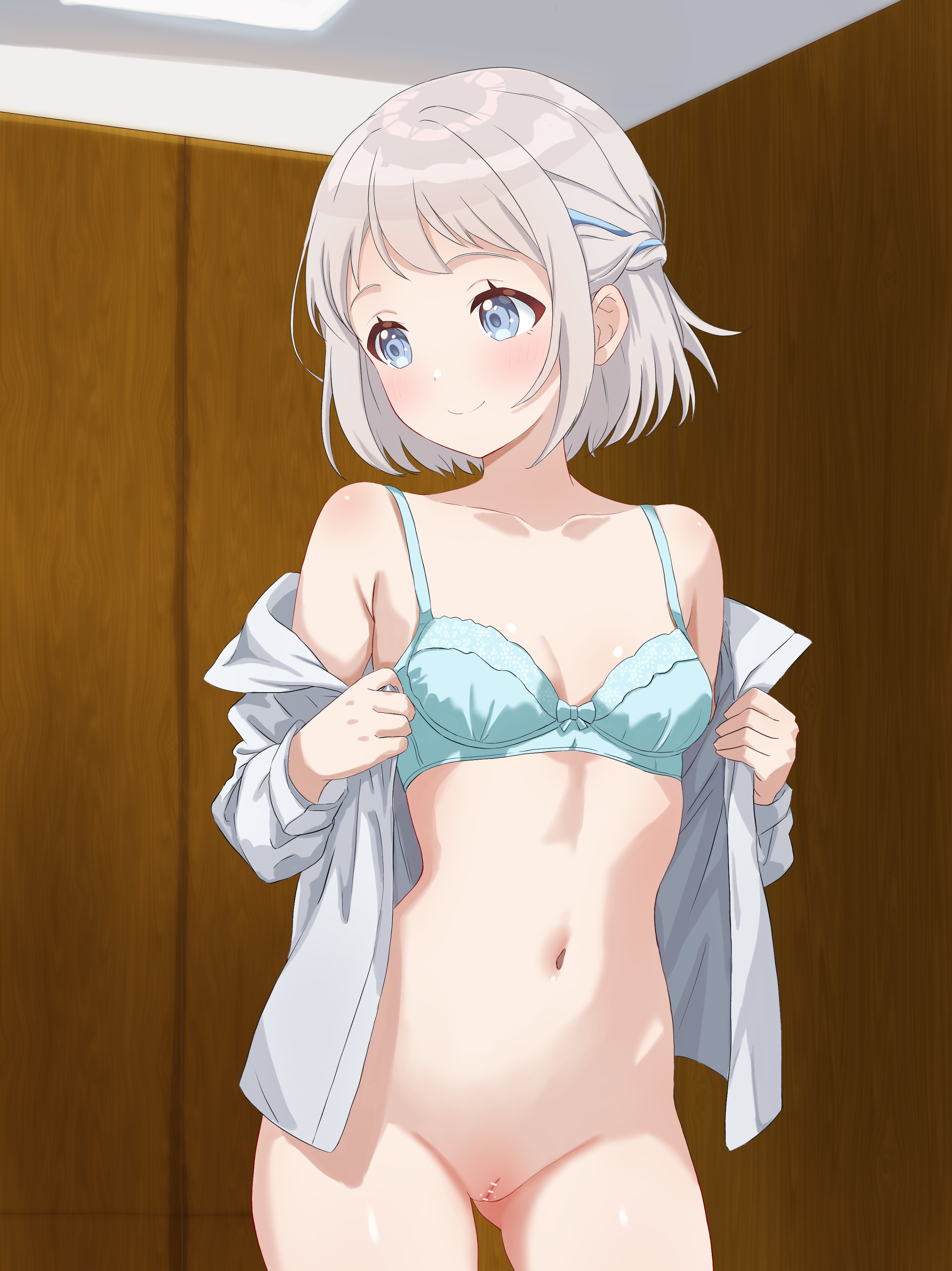 1girl absurdres alpaca_no_otouto aqua_bra armpit_crease bar_censor blue_eyes blue_ribbon blush bottomless bra braid breasts censored cleft_of_venus collarbone gakuen_idolmaster grey_hair groin hair_ribbon half_up_braid highres idolmaster indoors katsuragi_lilja linea_alba looking_to_the_side navel open_clothes open_shirt pussy ribbon ribbon_braid shirt_hold short_hair small_breasts smile solo stomach underwear