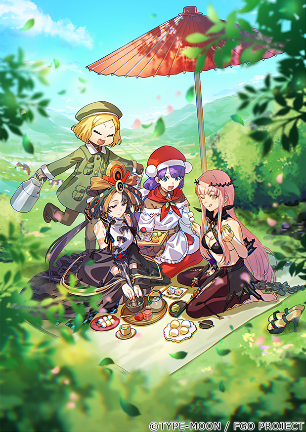 4girls ;q bare_shoulders black_boots black_hair blonde_hair blue_eyes body_markings boots breasts chasing cleavage closed_eyes cnoc_na_riabh_(fate) cnoc_na_riabh_(swimsuit_foreigner)_(fate) coat commentary_request copyright_name dango fate/grand_order fate_(series) food fumiko_(throughx2) green_coat green_hat hat high_heels holding_jug iyo_(fate) martha_(fate) martha_(santa)_(fate) medb_(fate) mistletoe multiple_girls official_art oil-paper_umbrella one_eye_closed open_mouth paul_bunyan_(fate) picnic pink_hair plate purple_hair red_hat shoes short_hair sitting smile teapot tongue tongue_out umbrella under_umbrella unworn_shoes wagashi yellow_eyes