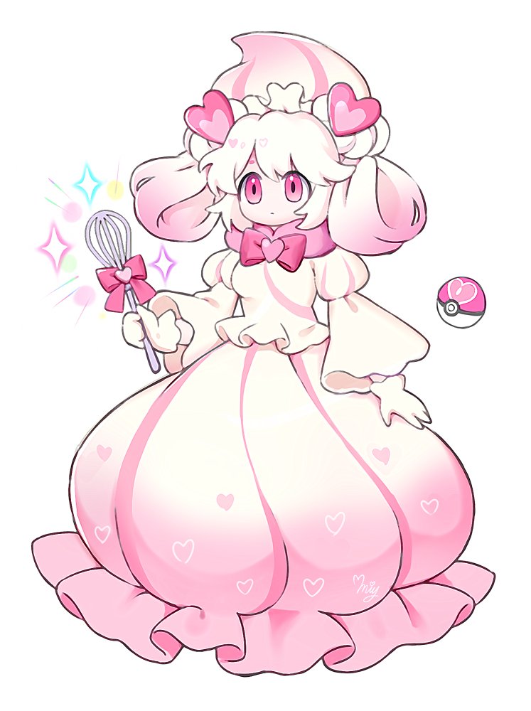 1girl alcremie alcremie_(love_sweet) alcremie_(ruby_swirl) bow bowtie closed_mouth commentary_request gen_8_pokemon gloves gradient_clothes gradient_hair gradient_skirt hair_ornament heart heart_hair_ornament holding holding_whisk long_hair long_sleeves love_ball miy_001 multicolored_hair nintendo personification pink_bow pink_bowtie pink_eyes pink_hair pink_skirt poke_ball pokemon shirt signature skirt solo sparkle two-tone_hair two-tone_skirt whisk white_gloves white_hair white_shirt white_skirt wide_sleeves