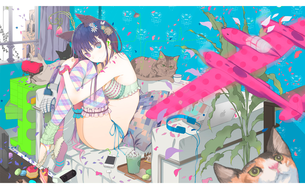 1girl aircraft airplane animal_ears asymmetrical_legwear black_cat blue_eyes blue_hair blue_panties bra breasts cake cat cat_ears cellphone cleavage coffee cup drinking_straw earbuds earphones family_computer_robot female_focus flower food frilled_bra frilled_thighhighs frills fuyuno_haruaki game_boy_advance game_console green_bra hair_flower hair_ornament handheld_game_console headphones heterochromia hugging_own_legs ice_cream iphone leg_warmers lingerie long_hair looking_at_viewer macaron matching_hair/eyes medium_breasts mismatched_legwear original p-38 p-38_lightning panties patterned_legwear phone pillow plaid_clothes plaid_legwear power_glove purple_eyes rob side-tie_panties sitting smartphone solo stickam teacup thighhighs underwear underwear_only very_long_hair virtual_boy watch yellow_bra