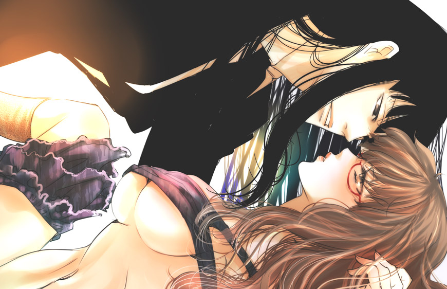 2girls bad_id bad_pixiv_id black_hair breasts brown_hair clothes_lift crop_top darker_than_black eye_contact glasses hazuki_mina_(darker_than_black) imminent_kiss kaede_aoi kaedeaoi long_hair looking_at_another midriff multiple_girls sawasaki_youko shirt_lift sideways strap_slip underboob yuri