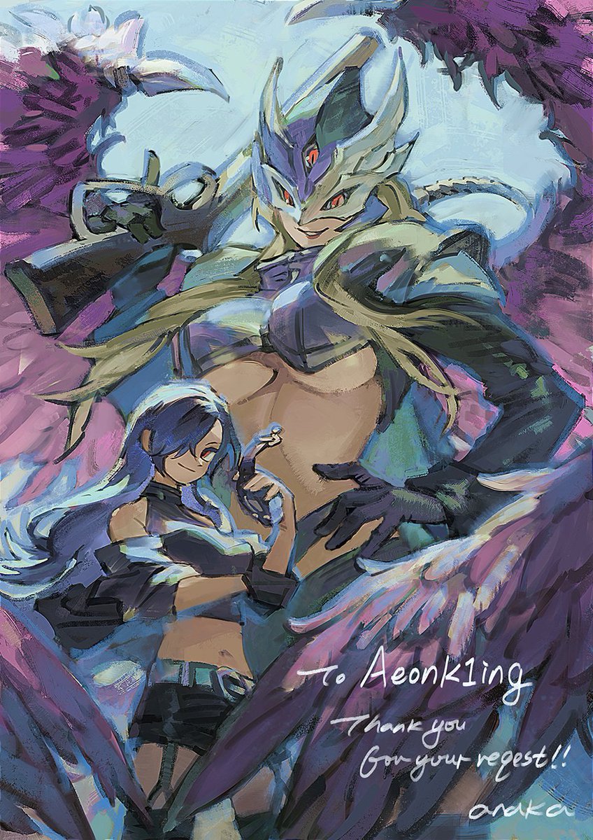 2girls araka101 beelstarmon beelstarmon_x-antibody black_hair black_shirt black_shorts black_wings blonde_hair breasts commission cowboy_shot crop_top digimon digimon_(creature) feathered_wings gun highres holding holding_gun holding_weapon large_breasts long_hair multiple_girls red_eyes shirt shorts third_eye trigger_discipline underboob weapon wings