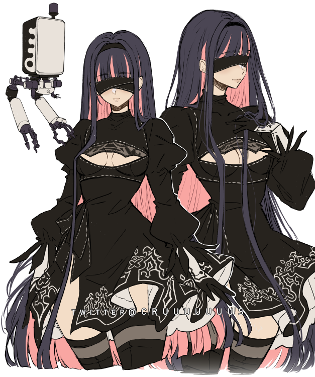 1girl 2b_(nier:automata) 2b_(nier:automata)_(cosplay) artist_name black_dress black_gloves black_thighhighs blindfold breasts cleavage_cutout clothing_cutout colored_inner_hair cosplay covered_eyes criis-chan dress gloves long_hair long_sleeves multicolored_hair nier:automata nier_(series) panty_&amp;_stocking_with_garterbelt pod_(nier:automata) puffy_sleeves simple_background solo stocking_(psg) thighhighs twitter_username two-tone_hair white_background