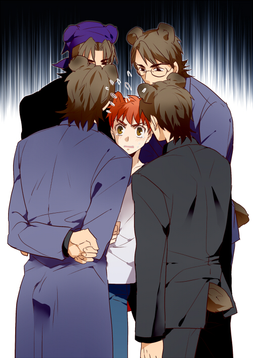 5boys animal_ears bear_ears bear_tail brown_hair business_suit emiya_shirou fate/stay_night fate/tiger_colosseum fate/zero fate_(series) formal_clothes glasses kotomine_kirei male_focus multiple_boys multiple_persona pinki_(shounenkakuseiya) red_hair sensha_otoko suit tail yellow_eyes