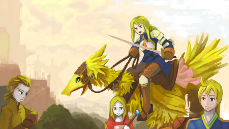 2boys 3girls agrias_oaks alma_beoulve animal armor beak bird blonde_hair blue_eyes building cape chocobo delita_heiral elrowa final_fantasy final_fantasy_tactics gloves holding holding_sword holding_weapon multiple_boys multiple_girls mustadio_bunansa outdoors ovelia_atkascha ramza_beoulve riding saddle sword wand weapon windmill