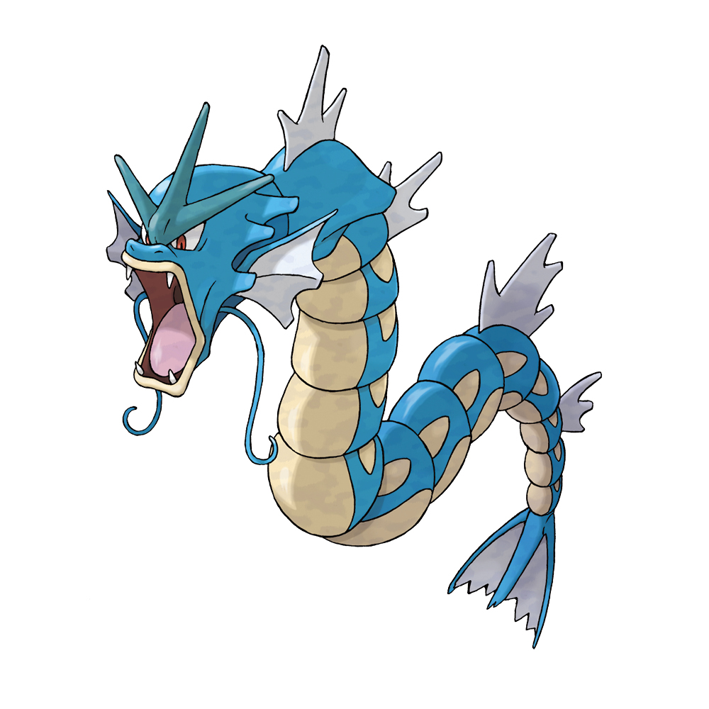 animal_focus fangs full_body gen_1_pokemon gyarados nintendo no_humans official_art open_mouth pokemon pokemon_(creature) pokemon_focus pokemon_frlg red_eyes simple_background solo sugimori_ken third-party_source tongue v-shaped_eyes whiskers white_background