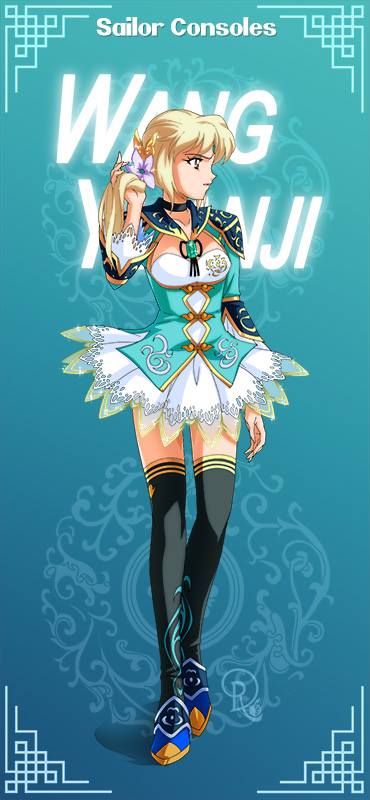 1girl aqua_dress bishoujo_senshi_sailor_moon blonde_hair boots character_name choker cosplay drachea_rannak dress female_focus flower full_body hair_flower hair_ornament hand_in_own_hair high_heel_boots high_heels looking_to_the_side parody ponytail sailor_collar sailor_senshi sailor_senshi_(cosplay) shin_sangoku_musou short_dress solo thigh_boots thighhighs unofficial_sailor_senshi_uniform wang_yuanji_(shin_sangoku_musou) yellow_eyes zettai_ryouiki