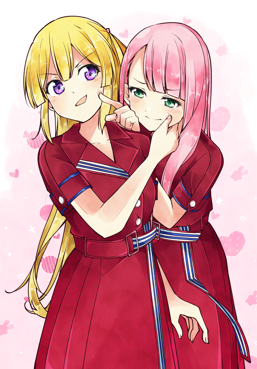 22/7 2girls asymmetrical_bangs belt belt_buckle blonde_hair blunt_bangs blush buckle cheek_pinching closed_mouth collarbone dress fujima_sakura green_eyes heart highres kamiki_mikami long_hair long_sleeves multiple_girls nani_mo_shiteagerarenai one_side_up open_mouth pinching pink_background pink_hair pleated_dress purple_eyes red_belt red_dress short_sleeves trefle_r