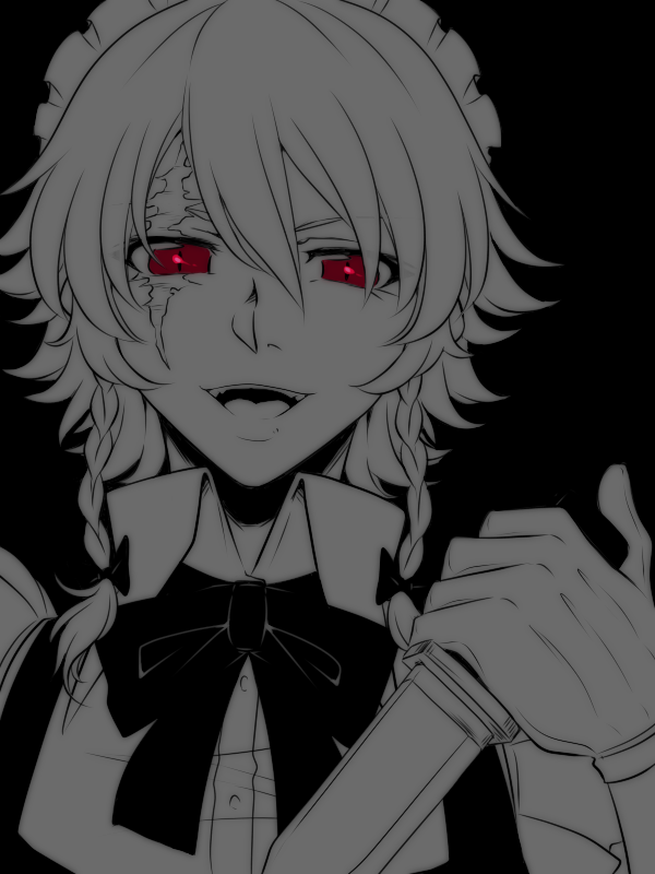 1girl bow bowtie braid collared_shirt commentary_request greyscale hair_between_eyes hair_bow holding holding_knife izayoi_sakuya knife long_bangs looking_at_viewer maid_headdress medium_hair monochrome neko_majin open_mouth portrait red_eyes scar scar_across_eye scar_on_face shirt simple_background smile solo spot_color touhou twin_braids