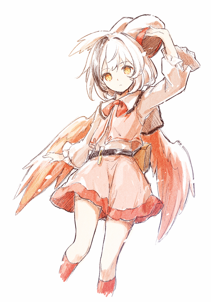 1girl akinomiya_asuka hat hollow_song_of_birds original pink_shorts pink_vest puffy_sleeves red_socks shirt short_hair shorts socks solo torisumi_horou touhou vest white_hair white_shirt wing_hat_ornament wings yellow_eyes