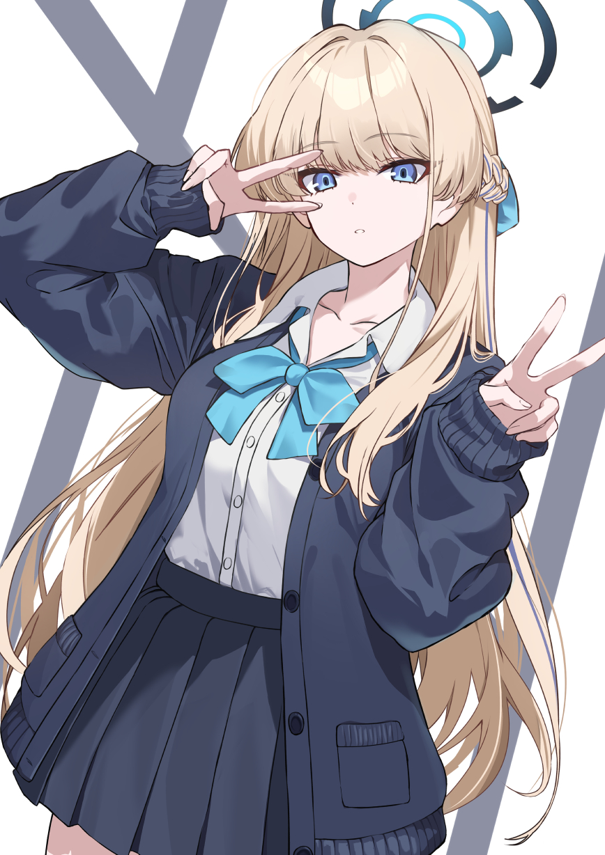 1girl blonde_hair blue_archive blue_eyes blue_jacket blue_skirt blush bow bowtie braid breasts collared_shirt halo highres jacket long_hair long_sleeves looking_at_viewer medium_breasts neko_daruma shirt skirt solo toki_(blue_archive) toki_(school_uniform)_(blue_archive) white_shirt