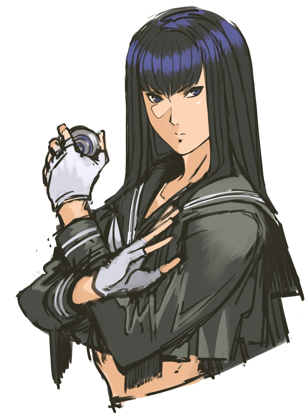 1girl black_hair black_sailor_collar black_shirt closed_mouth cropped_shirt female_focus highres holding long_hair long_sleeves looking_at_viewer nameo_(judgemasterkou) original purple_eyes sailor_collar school_uniform serafuku serious shirt simple_background solo upper_body white_background