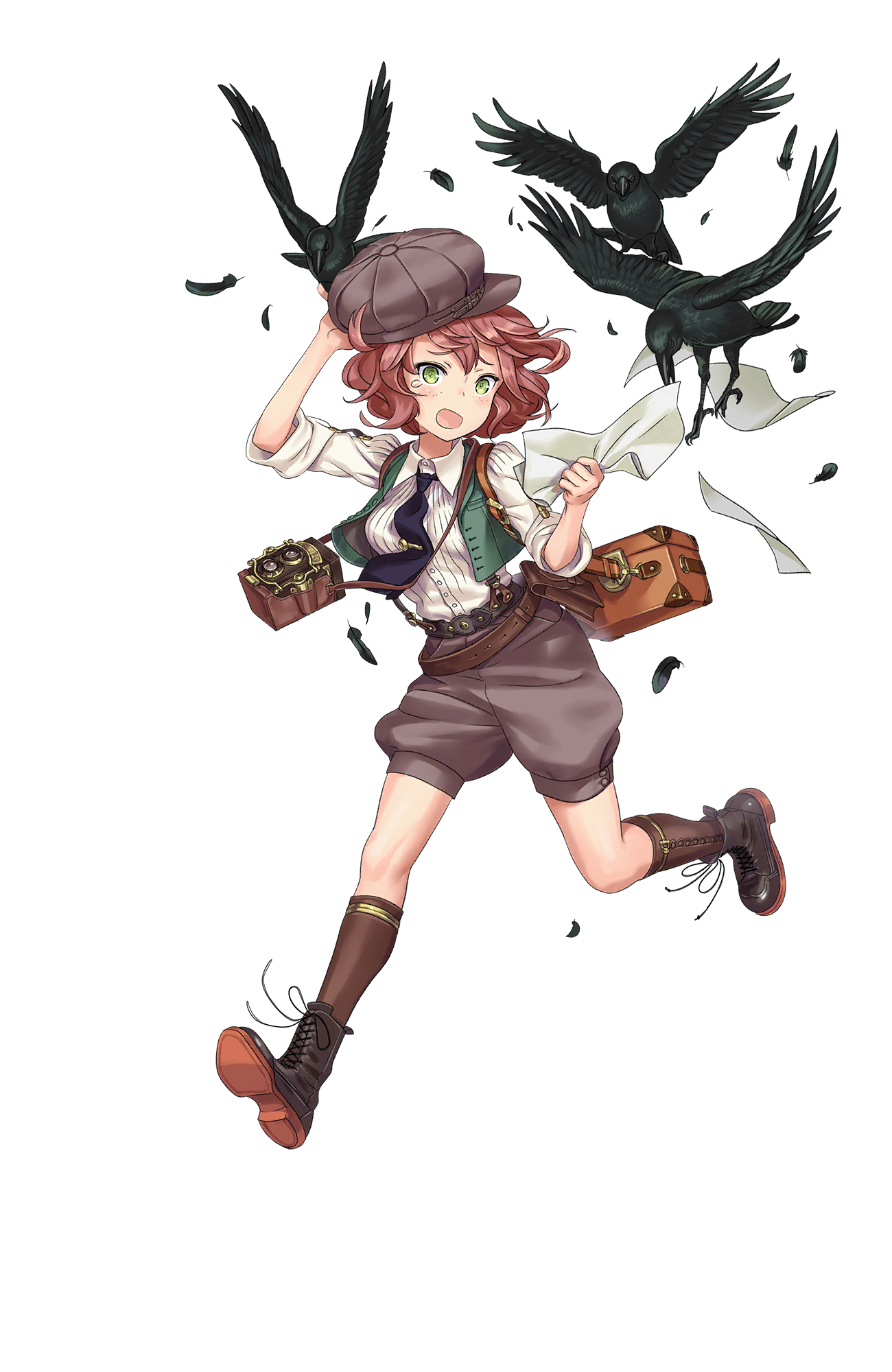 1girl :o belt belt_pouch bird black_boots black_necktie boots brown_hat brown_legwear camera cathy_higgins crow feathers female_focus freckles full_body green_eyes green_vest hat highres holding holding_unworn_clothes holding_unworn_hat lace-up_boots looking_at_viewer medium_hair necktie official_art papers pouch princess_principal princess_principal_game_of_mission red_hair running shorts solo suspenders teardrop transparent_background twin-lens_reflex_camera unworn_hat unworn_headwear vest watch wristwatch