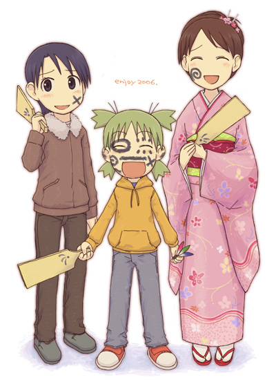 ayase_ena child emoncake. drawing_on_another&#039;s_face hagoita hanetsuki hayasaka_miura japanese_clothes kimono koiwai_yotsuba paddle yotsubato!