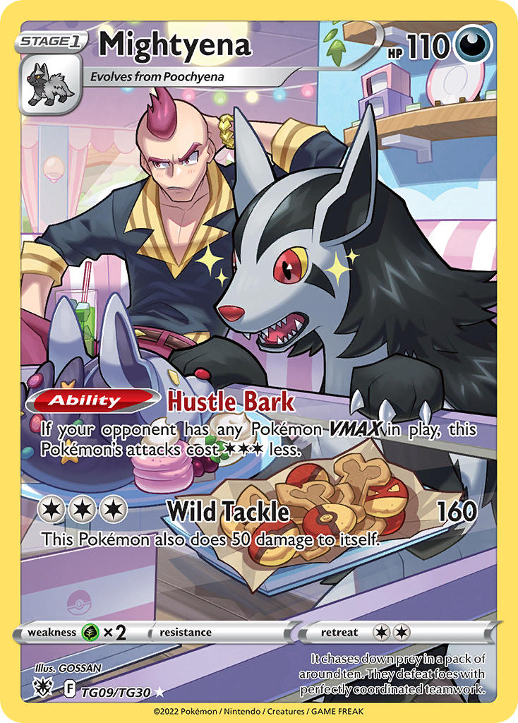 1boy arm_behind_head artist_name belt black_shirt blush bracelet brown_belt card_(medium) character-themed_food character_name claws collared_shirt colored_sclera company_name cookie copyright_name copyright_notice dessert english_text food gen_1_pokemon gen_3_pokemon glass_table gold_bracelet gossan indoors jewelry mightyena nintendo official_art open_mouth pants poke_ball_theme pokemon pokemon_card pokemon_oras pokemon_tcg poochyena red_eyes red_hair red_pants sharp_teeth shelf shirt short_hair sidney_(pokemon) sitting sparkle table teeth third-party_source trading_card very_short_hair voltorb yellow_sclera