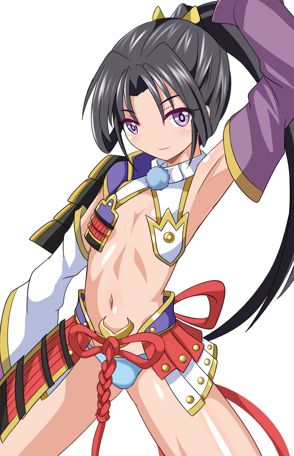 1boy black_hair cosplay fate/grand_order fate_(series) highres houjou_tokiyuki_(nige_jouzu_no_wakagimi) navel nige_jouzu_no_wakagimi purple_eyes shiny_skin smile ushiwakamaru_(fate) ushiwakamaru_(fate)_(cosplay)