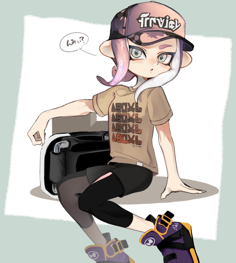 1girl :o arm_support baseball_cap black_leggings bloblobber_(splatoon) blue_eyes brown_shirt camouflage_headwear cephalopod_eyes clothes_writing commentary_request feet_out_of_frame fingernails grey_shorts hat inkling_(language) invisible_chair leggings leggings_under_shorts medium_hair multicolored_eyes nintendo octoling octoling_girl octoling_player_character open_mouth pink_hair pink_hat purple_footwear red_eyes sharp_fingernails shirt short_sleeves shorts sitting solo speech_bubble splatoon_(series) tentacle_hair translation_request two-tone_eyes ujijino