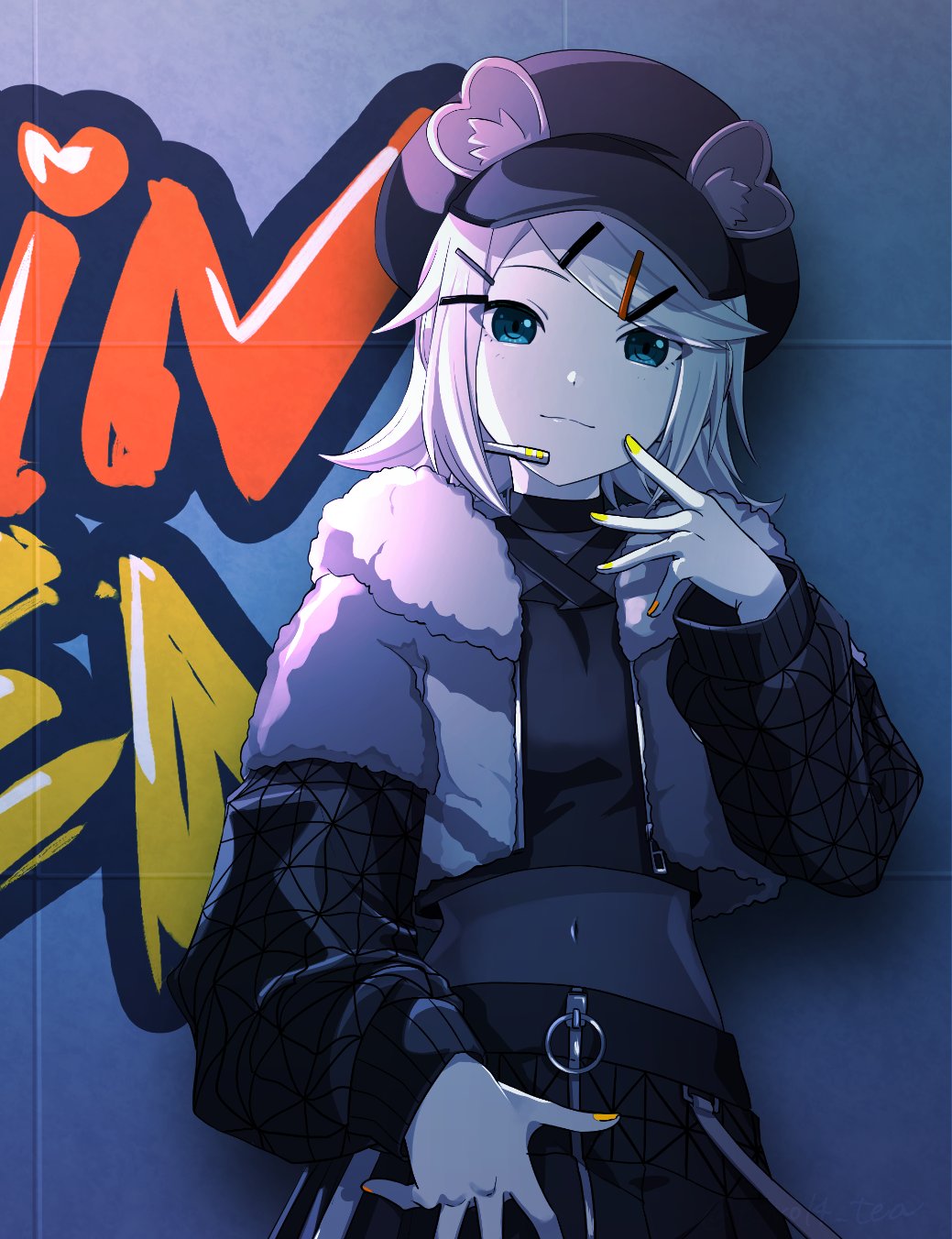 1girl :3 against_wall animal_ears asa_no_ha_(pattern) awakening_beat_(project_sekai) black_bodysuit black_hat black_jacket black_shirt black_skirt blonde_hair blue_eyes bodysuit cabbie_hat closed_mouth commentary_request covered_navel fake_animal_ears graffiti hair_ornament hairclip hamster_ears hat highres jacket kagamine_rin long_sleeves project_sekai puffy_long_sleeves puffy_sleeves shirt short_hair sidelocks skirt smile solo taro14_tea vivid_bad_squad_(project_sekai) vivid_bad_squad_rin vocaloid yellow_nails