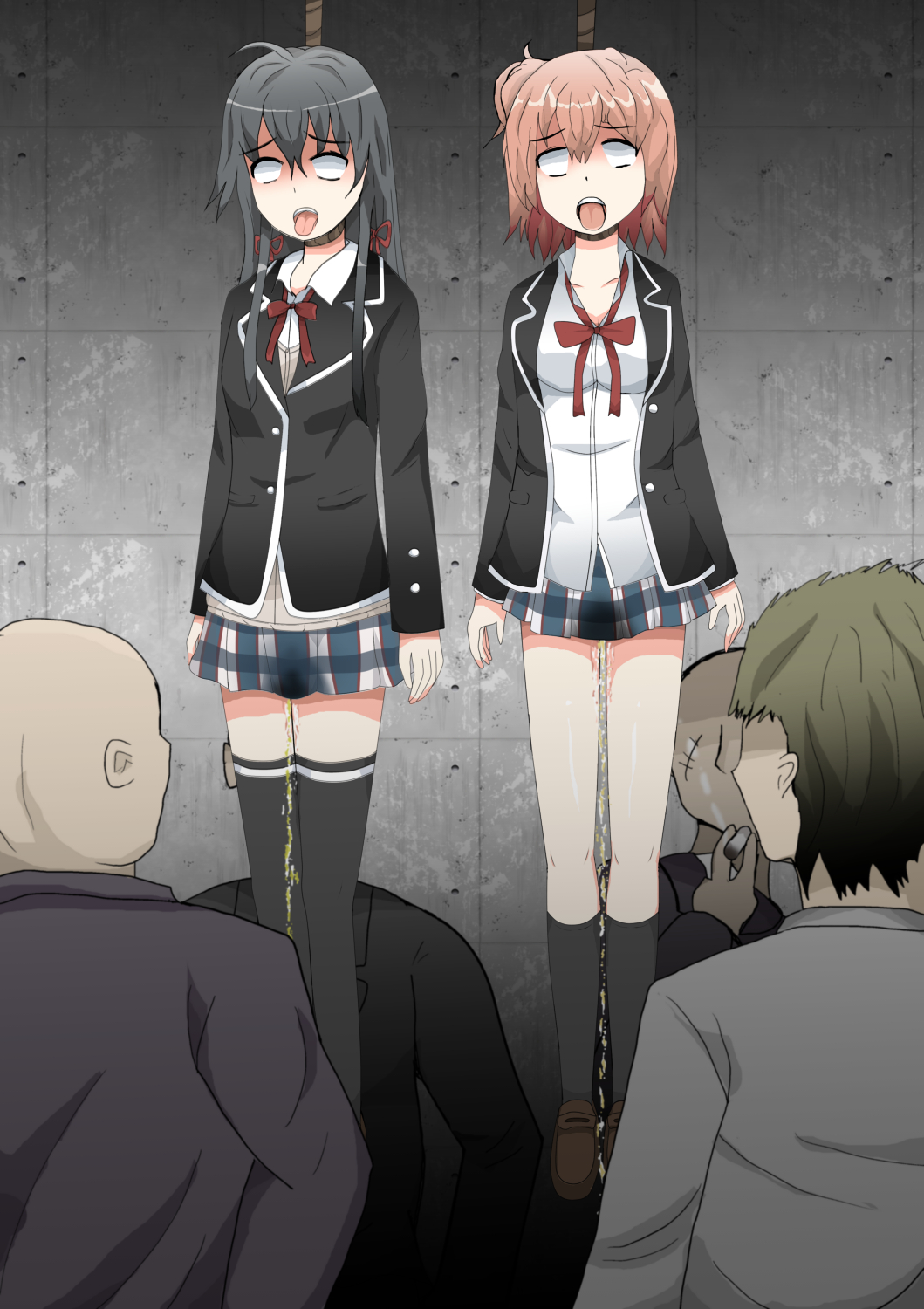 2girls asphyxiation blush breasts choking empty_eyes hanged highres multiple_boys multiple_girls peeing peril punishment restrained rope school_uniform strangulation tagme yahari_ore_no_seishun_lovecome_wa_machigatteiru. yuigahama_yui