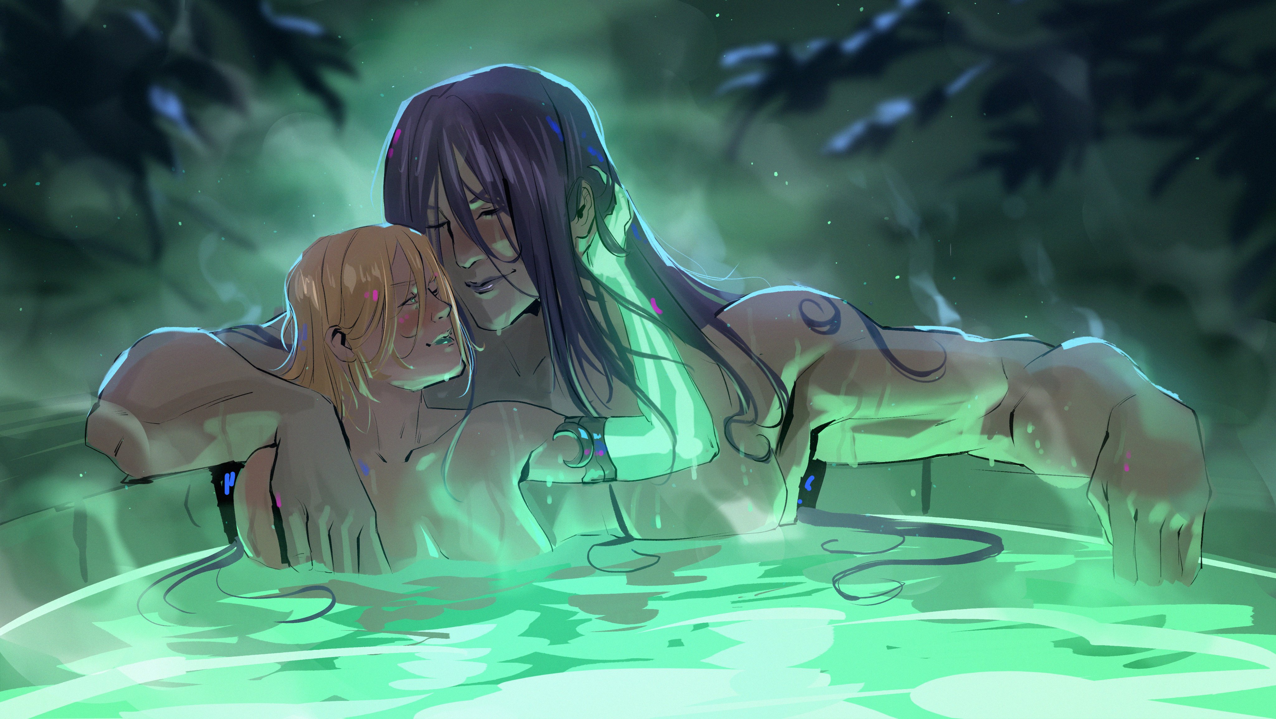 2girls absurdres bath bathing black_hair blonde_hair breasts caio_santos completely_nude green_lips hades_(series) hades_2 highres large_breasts melinoe_(hades) multiple_girls muscular muscular_female nemesis_(hades) nude onsen partially_submerged same-sex_bathing shared_bathing skeletal_arm smile steam tall_female wet wet_hair yuri