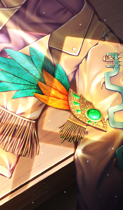 aztec brown_jacket brown_theme clothes_focus commentary fate/grand_order fate_(series) fringe_trim hair_ornament jacket lapels light_particles no_humans official_art still_life third-party_source unworn_clothes unworn_hair_ornament unworn_jacket yume32ki