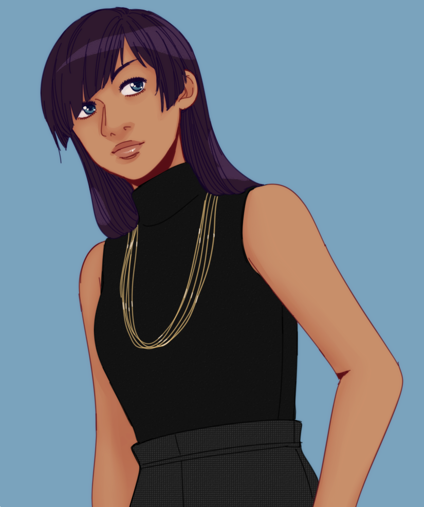 1girl akolnoix asymmetrical_bangs big_nose black_hair blue_eyes cowboy_shot dark-skinned_female dark_skin diagonal_bangs ears_visible_through_hair eyelashes fashion female_focus girls_mode girls_mode_4:_star_stylist gold_necklace jewelry long_hair looking_at_viewer necklace nintendo portrait shirt simple_background slanted_bangs sleeveless sleeveless_shirt solo strapless tube_top turtleneck upper_body aomurasaki_tsukiko