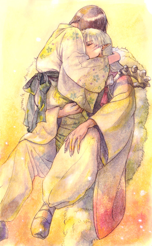 1boy 1girl aged_up armor bad_id bad_pixiv_id brown_hair carrying closed_eyes couple demon_boy facial_mark fingernails floral_print fur hetero hug inuyasha japanese_clothes kimono long_fingernails long_hair niko_(silent.whitesnow) painting_(medium) pointy_ears rin_(inuyasha) sesshoumaru sharp_fingernails sitting traditional_media watercolor_(medium) white_hair wide_sleeves