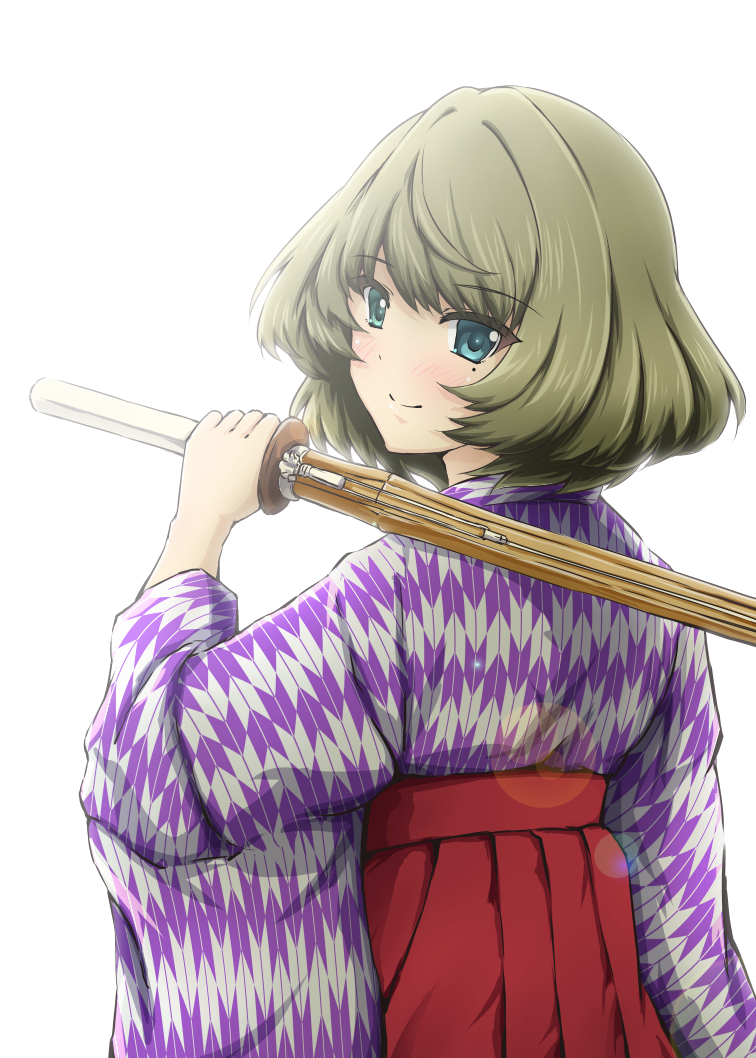 10s 1girl arm_at_side blue_eyes blush bokken closed_mouth commentary_request diesel-turbo eyelashes female_focus flipped_hair from_behind green_eyes green_hair haikara-san_ga_tooru hakama hakama_skirt heterochromia high-waist_skirt holding holding_sword holding_weapon idolmaster idolmaster_cinderella_girls japanese_clothes lens_flare long_sleeves looking_at_viewer looking_back mole mole_under_eye over_shoulder red_hakama shinai short_hair skirt smile solo sunlight sword takagaki_kaede tsurime upper_body weapon wide_sleeves wooden_sword yagasuri