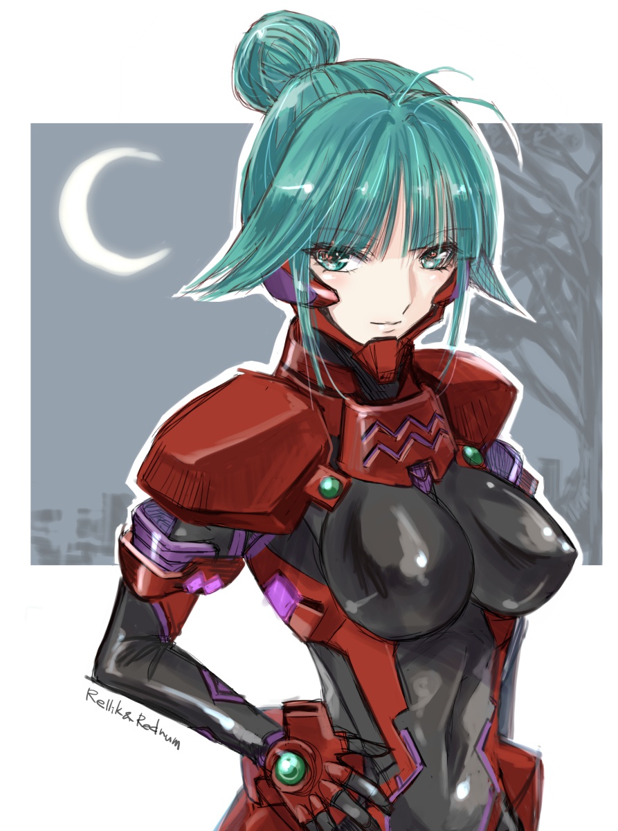 artist_name bare_tree breasts covered_erect_nipples covered_navel crescent_moon fortified_suit green_eyes green_hair hair_bun hand_on_own_hip highres jun_(rellik_&amp;_redrum) looking_at_viewer mecha_pilot_suit medium_breasts moon muv-luv muv-luv_alternative pilot_suit single_hair_bun skin_tight smile tree tsukuyomi_mana