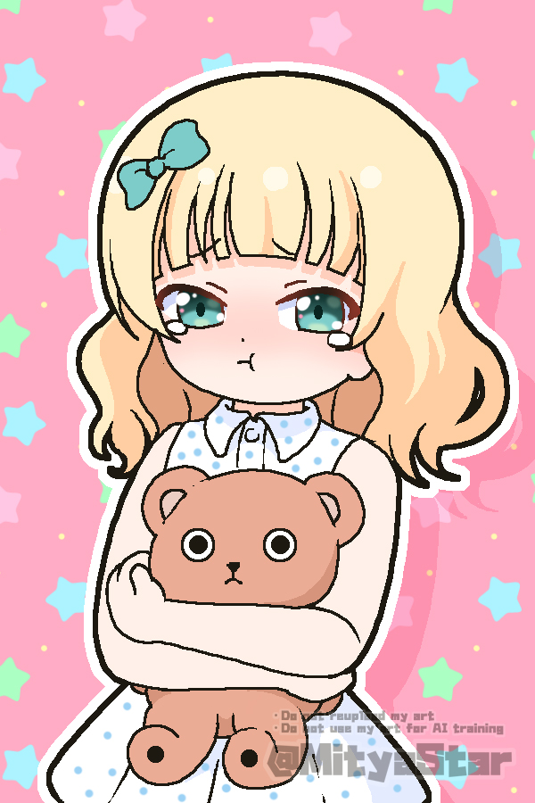 1girl :t aged_down bare_arms bare_shoulders blonde_hair blue_bow blue_eyes blush bow closed_mouth collared_shirt commentary_request dress english_text gochuumon_wa_usagi_desu_ka? hair_bow hugging_object kirima_syaro long_hair looking_at_viewer mitya nose_blush outline pink_background pleated_dress polka_dot polka_dot_dress pout shirt sleeveless sleeveless_dress solo star_(symbol) stuffed_animal stuffed_toy tears teddy_bear twitter_username watermark white_dress white_outline