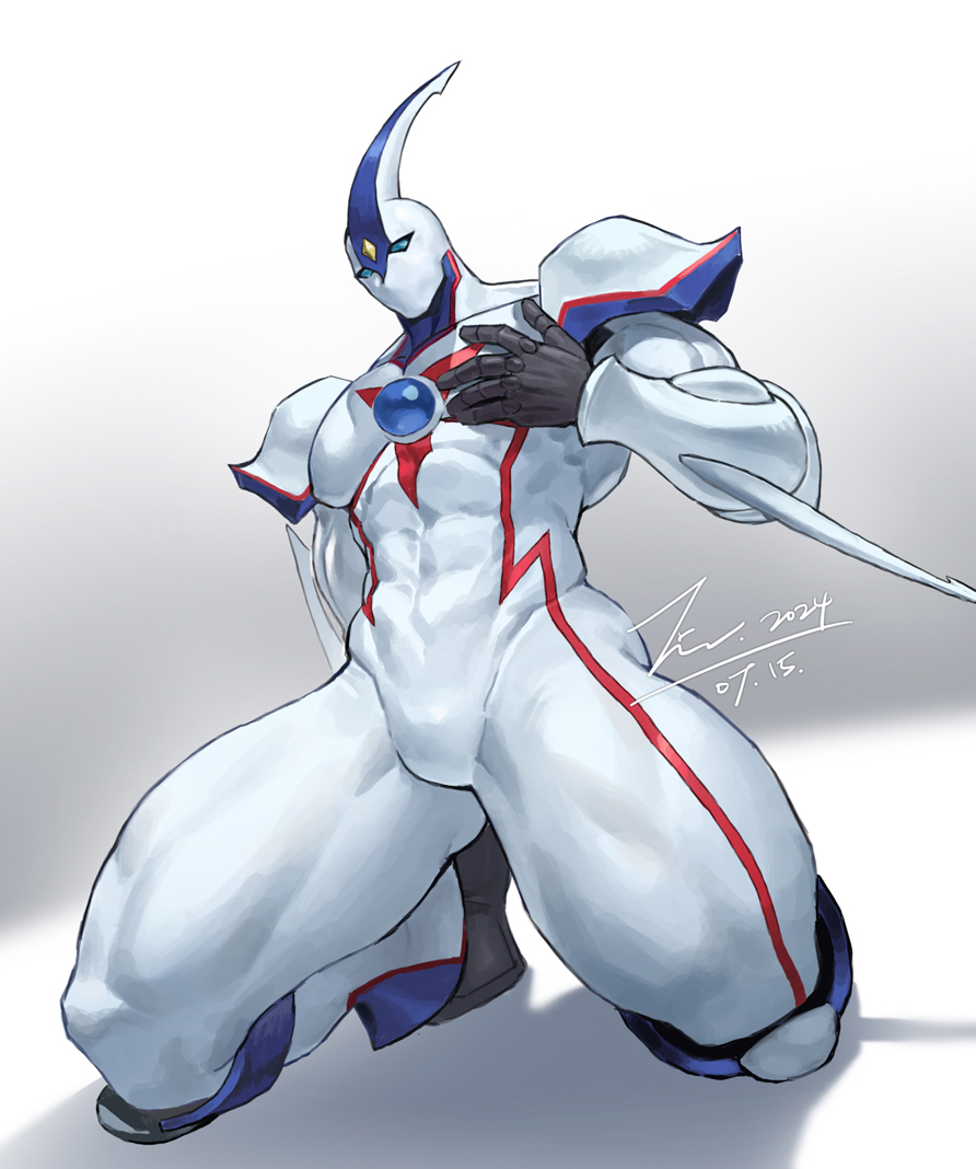 1boy bara blue_eyes bulge commentary_request covered_abs dated duel_monster elemental_hero_neos full_body hand_on_own_chest jin_(sirius-j) kneeling large_pectorals looking_at_viewer male_focus muscular muscular_arms muscular_legs muscular_male pectorals shadow signature solo superhero_costume thighs yu-gi-oh! yu-gi-oh!_gx