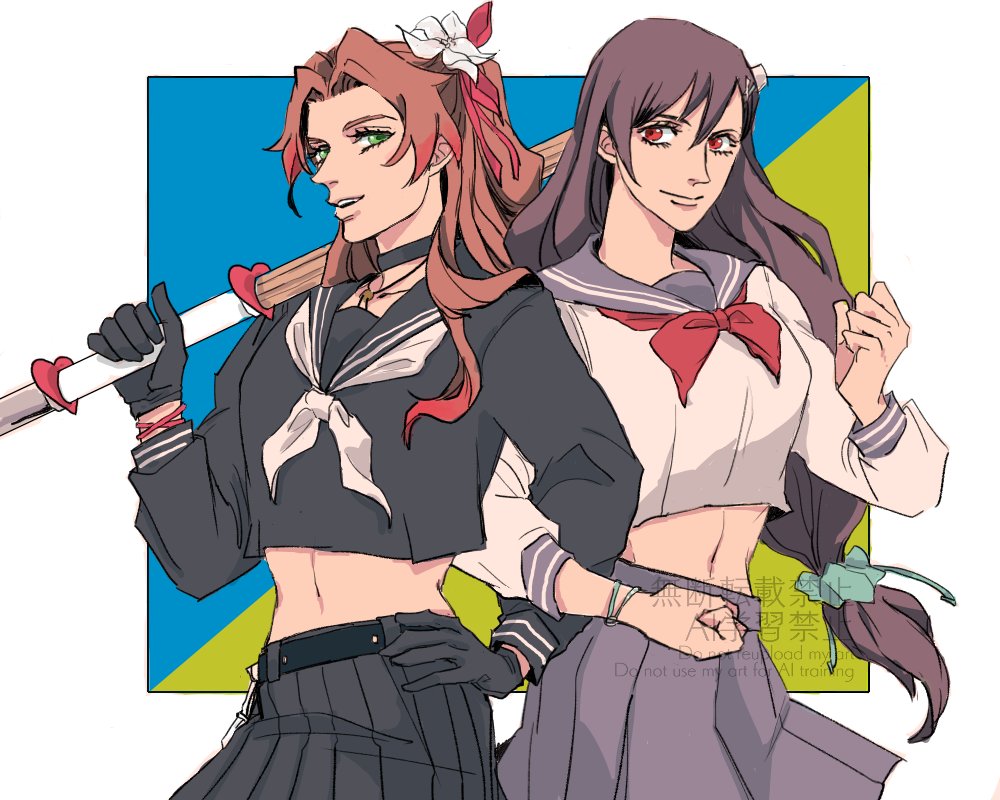 2girls aerith_gainsborough aerith_gainsborough_(midgard_seventh_high_school) belt black_belt black_choker black_gloves black_sailor_collar black_shirt black_skirt border bracelet breasts brown_hair choker clenched_hands closed_mouth colored_tips crop_top delinquent final_fantasy final_fantasy_vii final_fantasy_vii_ever_crisis flower gloves green_eyes grey_neckerchief grey_sailor_collar grey_skirt hair_flower hair_ornament hair_ribbon hair_scrunchie hand_on_own_hip holding holding_staff jewelry litter7th locked_arms long_hair long_sleeves low-tied_long_hair medium_breasts midriff multicolored_hair multiple_girls neckerchief official_alternate_costume over_shoulder parted_bangs parted_lips pleated_skirt ponytail red_eyes red_hair red_neckerchief red_ribbon ribbon sailor_collar school_uniform scrunchie shirt skirt smile staff sukeban tifa_lockhart tifa_lockhart_(midgard_seventh_high_school) weapon weapon_over_shoulder white_border white_shirt x_hair_ornament