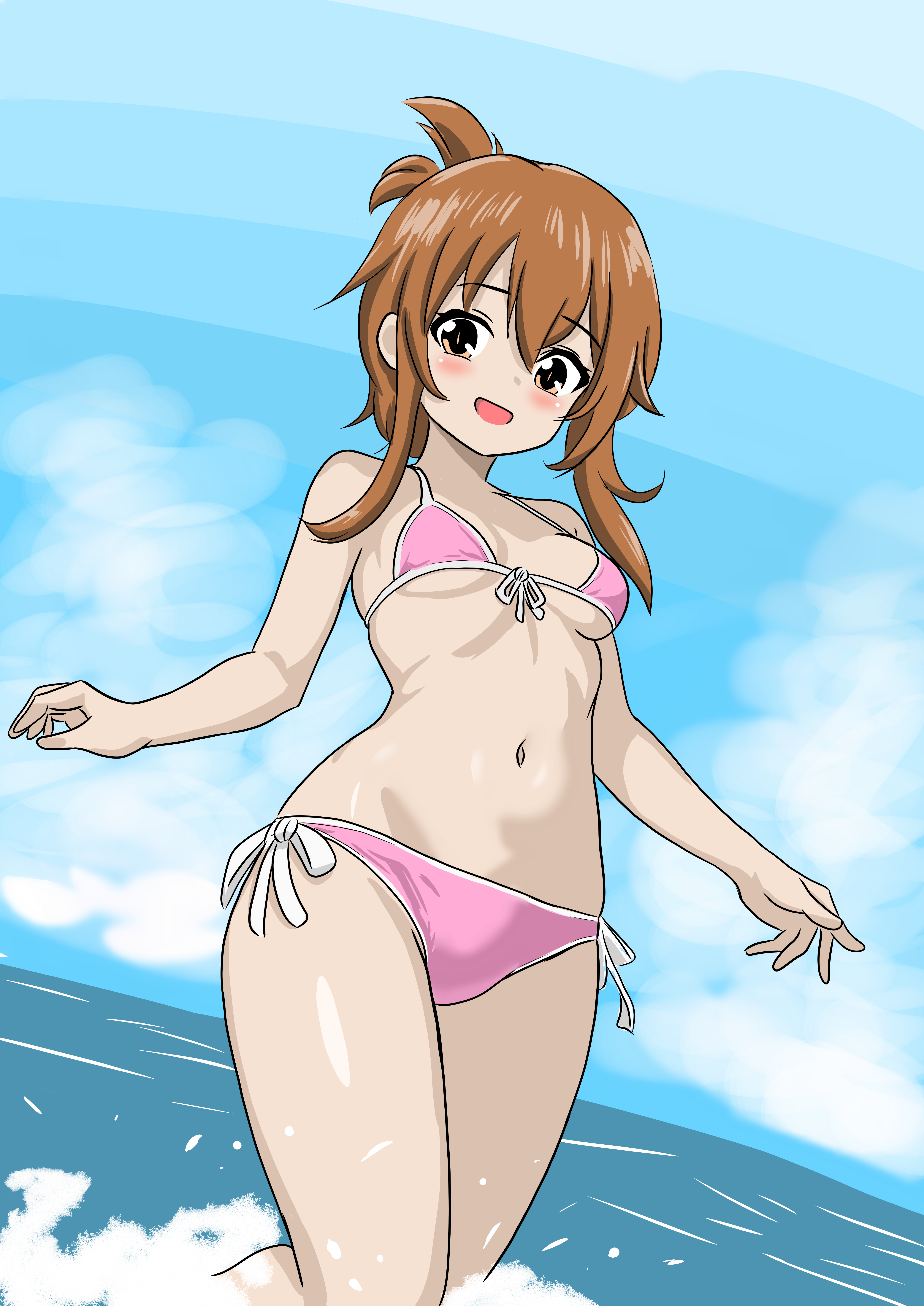1girl absurdres alternate_costume bikini blue_sky bone_namu(namu49850) breasts brown_eyes brown_hair cloud commentary_request day folded_ponytail front-tie_bikini_top front-tie_top highres horizon inazuma_(kancolle) kantai_collection looking_at_viewer navel outdoors pink_bikini side-tie_bikini_bottom sky small_breasts solo swimsuit wading water