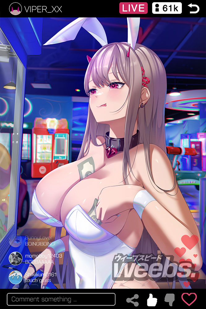 1girl animal_ears arcade banknote between_breasts breasts cleavage commission fake_phone_screenshot fake_screenshot goddess_of_victory:_nikke holographic_clothing iridescent large_breasts leotard licking licking_lips livestream money playboy_bunny rabbit_ears spiz strapless strapless_leotard streamers tongue tongue_out viper_(nikke) white_leotard